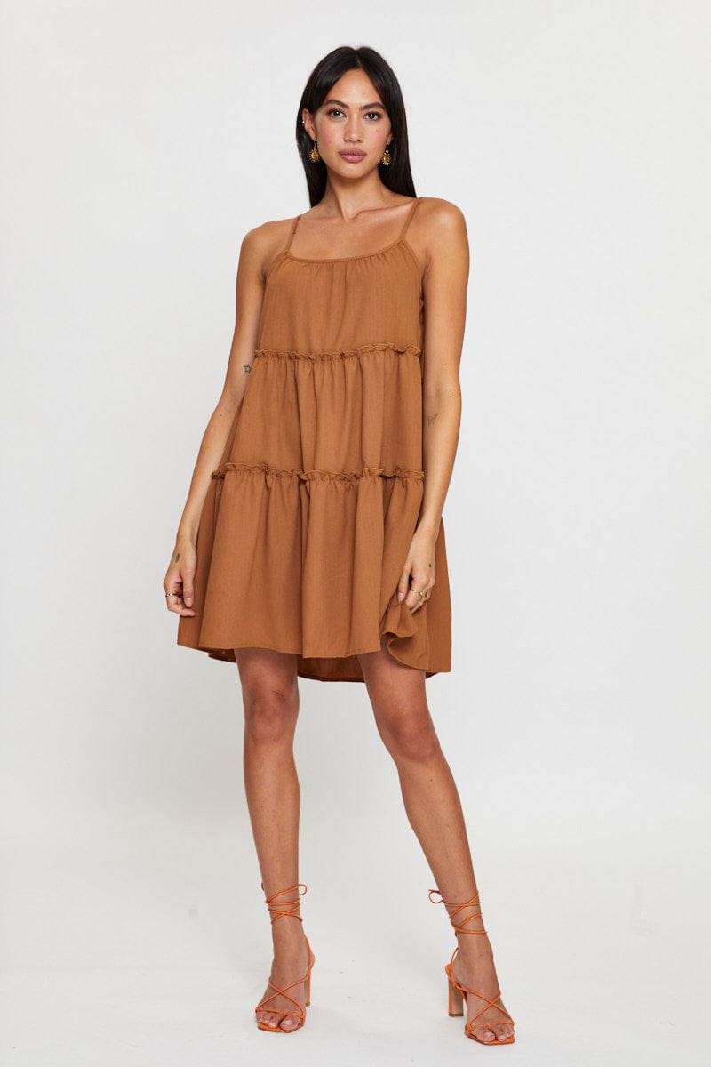 SKATER DRESS Brown Fit And Flare Dress Sleeveless Tie Shoulder for Women by Ally