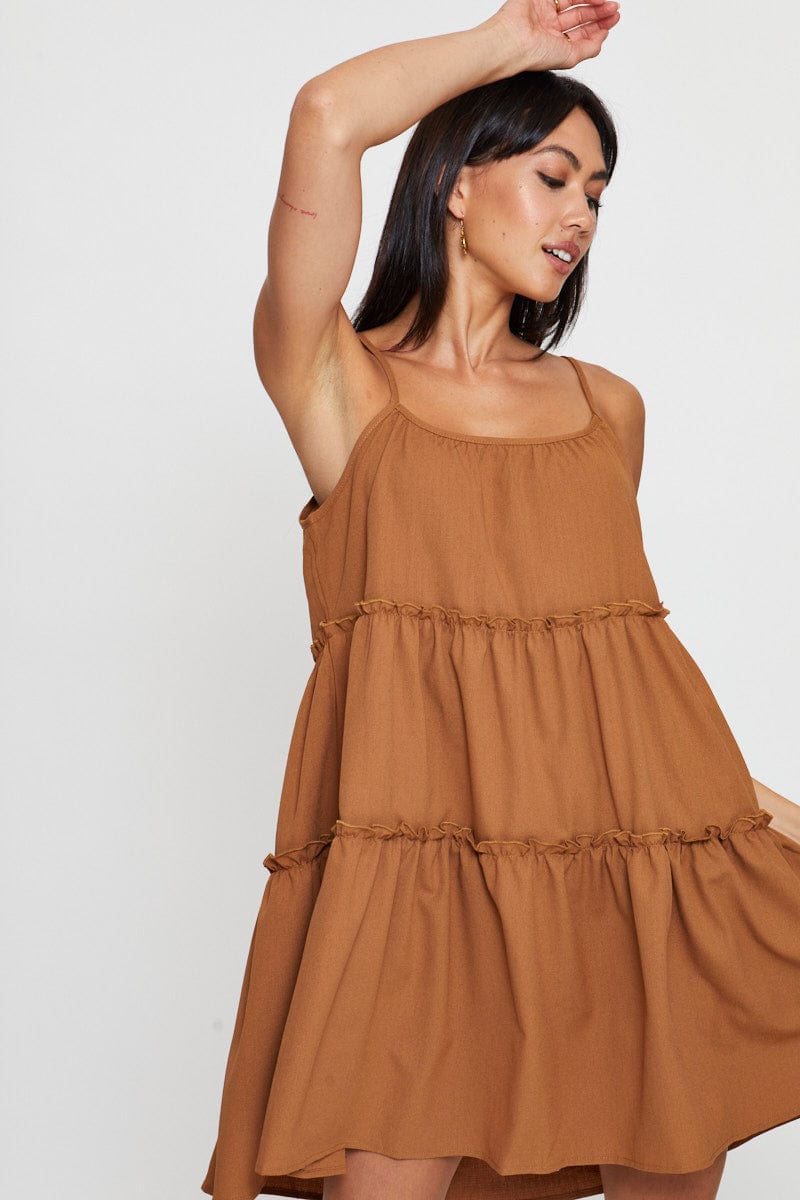 Women's Brown Fit And Flare Dress Sleeveless Tie Shoulder | Ally Fashion Women's Brown Fit And Flare Dress Sleeveless Tie Shoulder | Ally Fashion