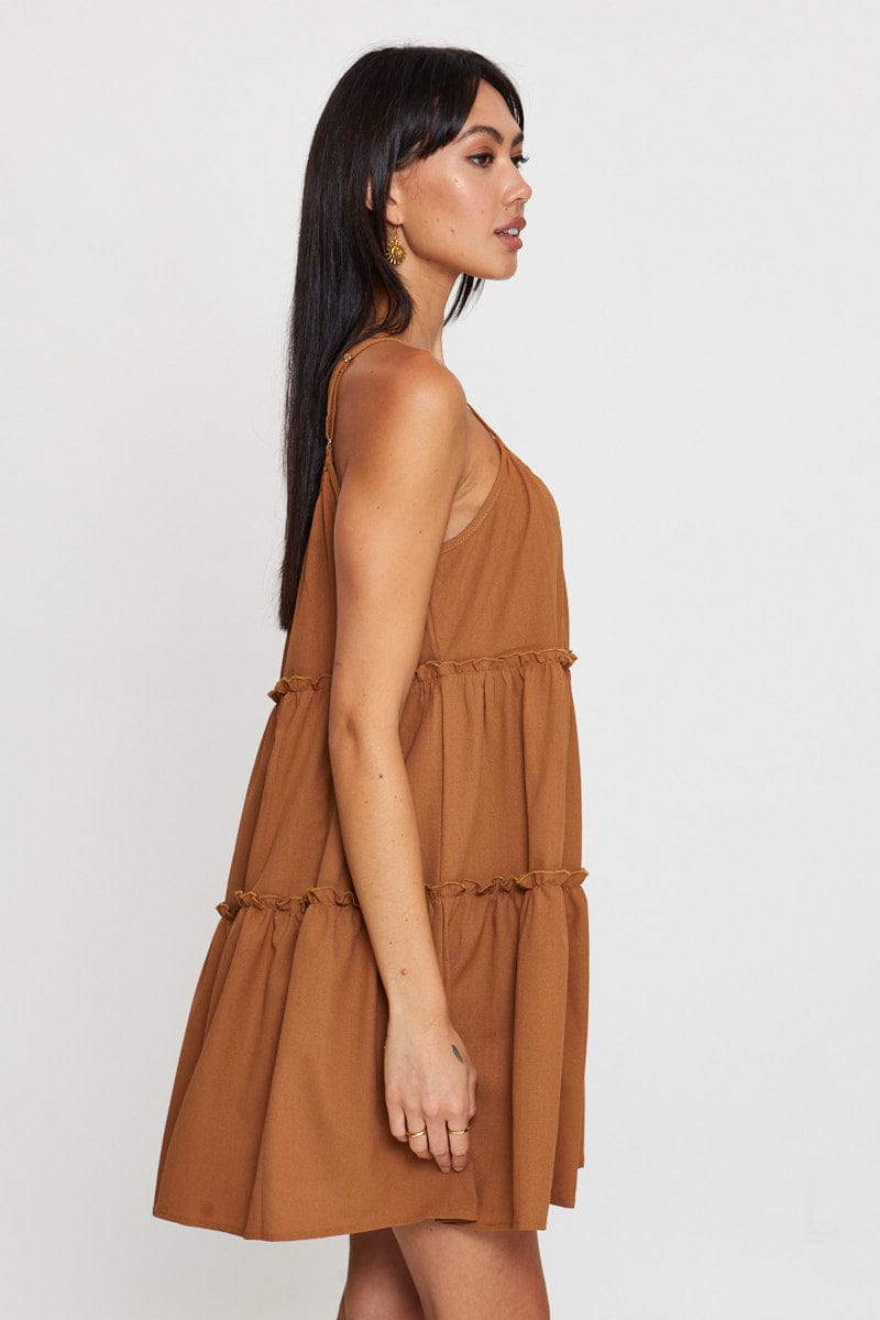 Women's Brown Fit And Flare Dress Sleeveless Tie Shoulder Women's Brown Fit And Flare Dress Sleeveless Tie Shoulder