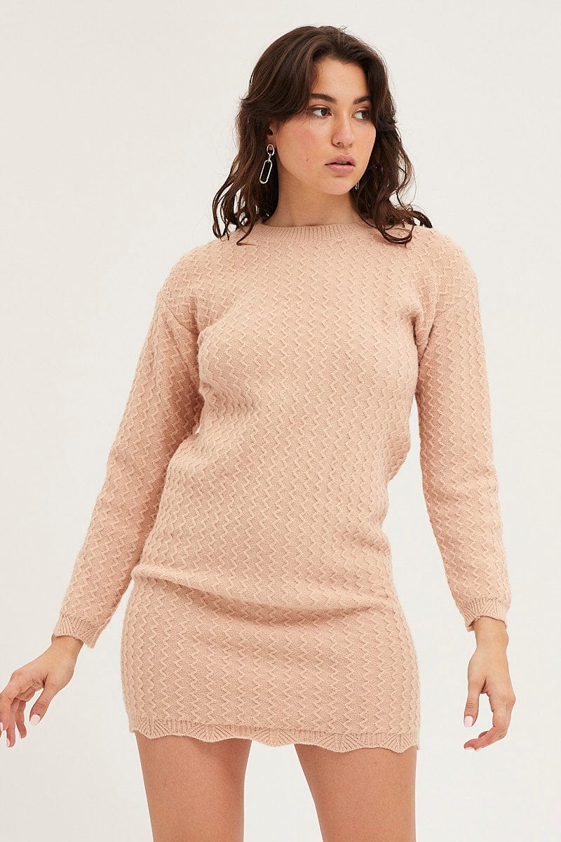 SKATER DRESS Camel Dress Long Sleeve Mini Knit for Women by Ally