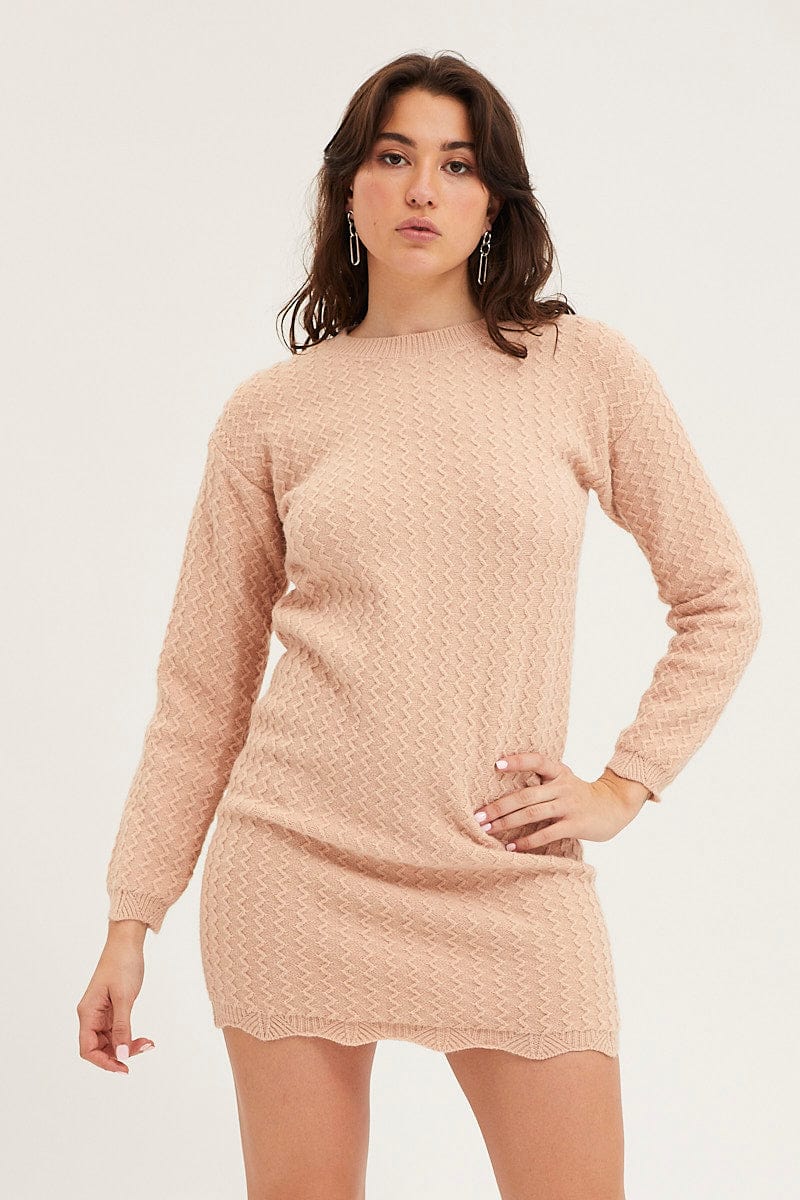 SKATER DRESS Camel Dress Long Sleeve Mini Knit for Women by Ally