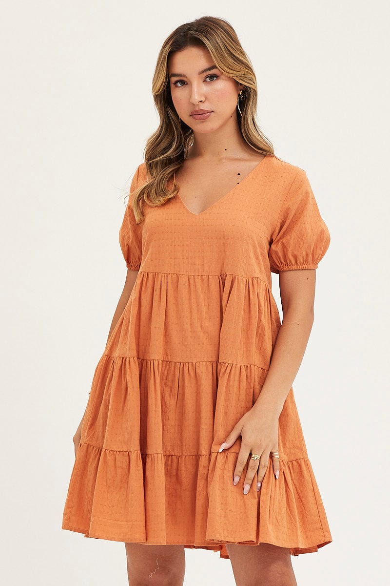 SKATER DRESS Camel Tiered Dress Puff Sleeve Mini for Women by Ally