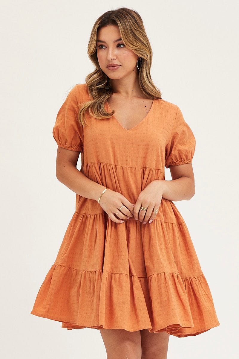 SKATER DRESS Camel Tiered Dress Puff Sleeve Mini for Women by Ally