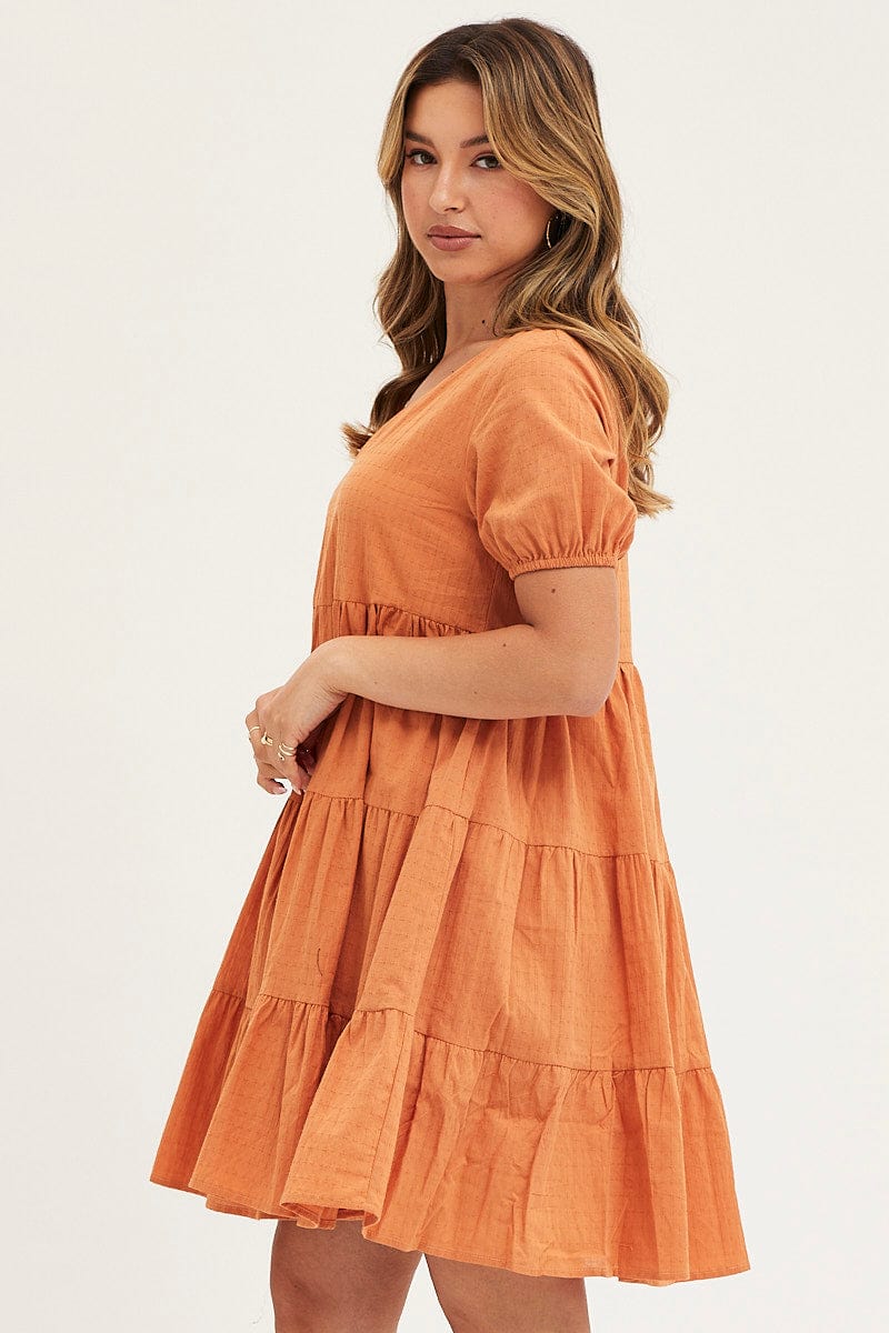 SKATER DRESS Camel Tiered Dress Puff Sleeve Mini for Women by Ally