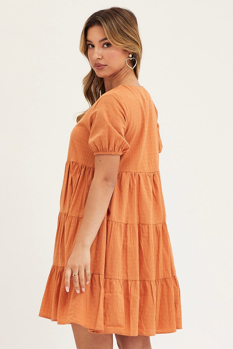 SKATER DRESS Camel Tiered Dress Puff Sleeve Mini for Women by Ally