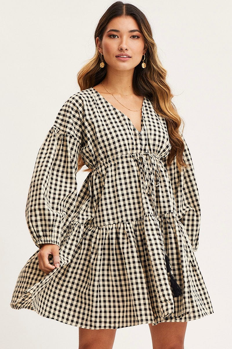 SKATER DRESS Check Dress Long Sleeve Midi for Women by Ally