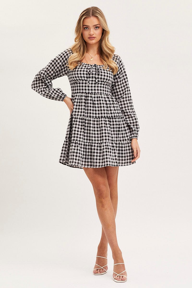 SKATER DRESS Check Fit And Flare Dress Long Sleeve Square Neck for Women by Ally