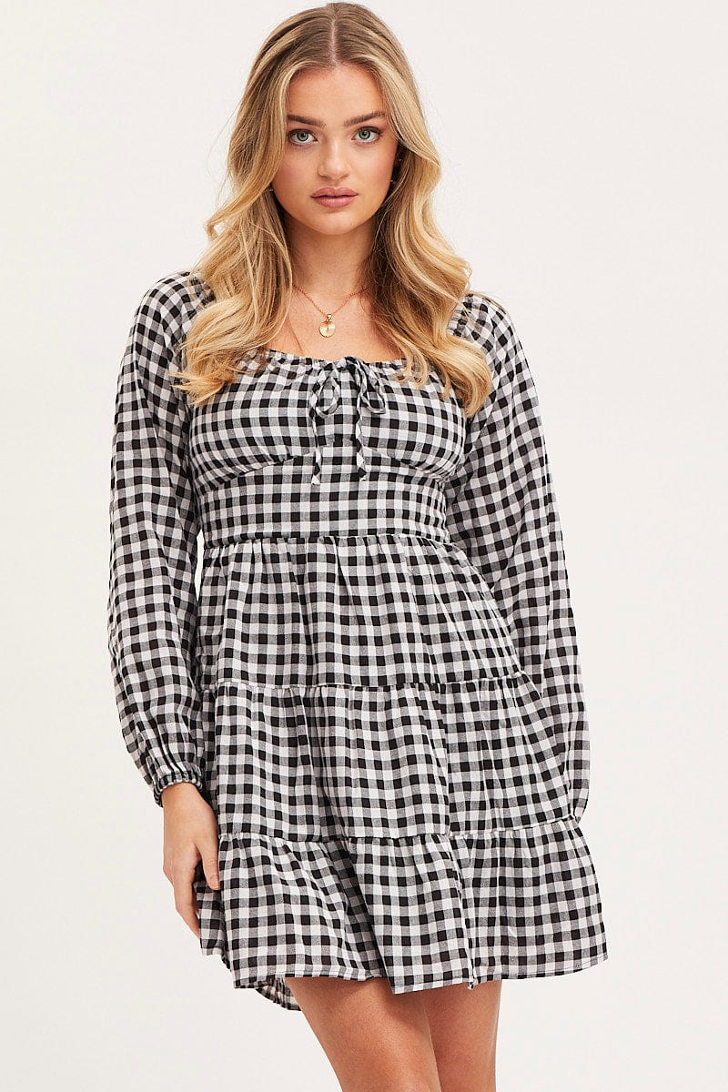 SKATER DRESS Check Fit And Flare Dress Long Sleeve Square Neck for Women by Ally