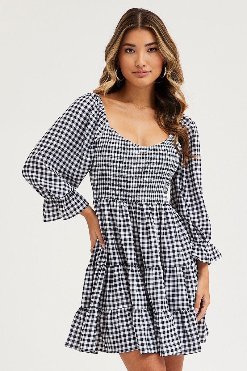 SKATER DRESS Check Fit And Flare Dress Long Sleeve Sweetheart Neck for Women by Ally