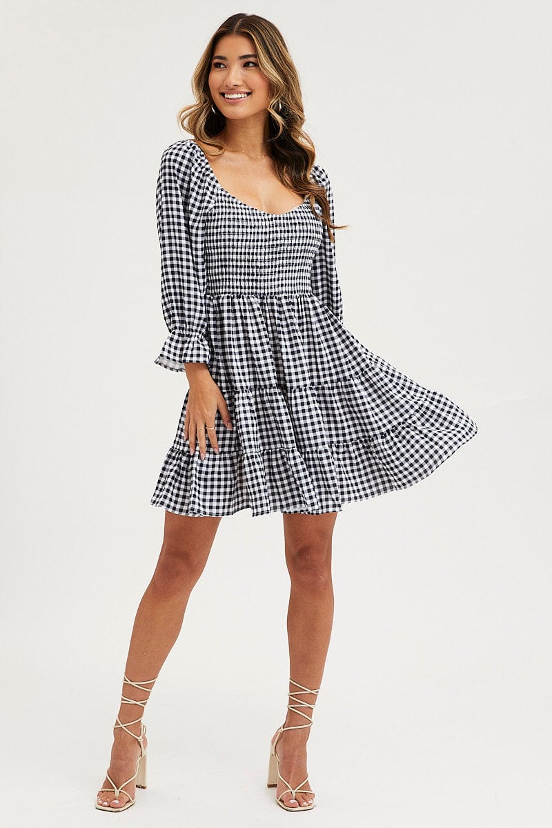 SKATER DRESS Check Fit And Flare Dress Long Sleeve Sweetheart Neck for Women by Ally