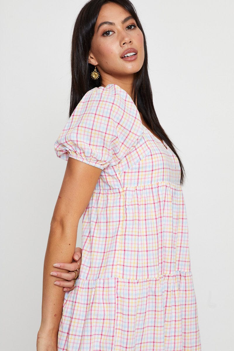 Women's Check Fit And Flare Dress Short Sleeve Sweetheart Neck | Ally Fashion Women's Check Fit And Flare Dress Short Sleeve Sweetheart Neck | Ally Fashion