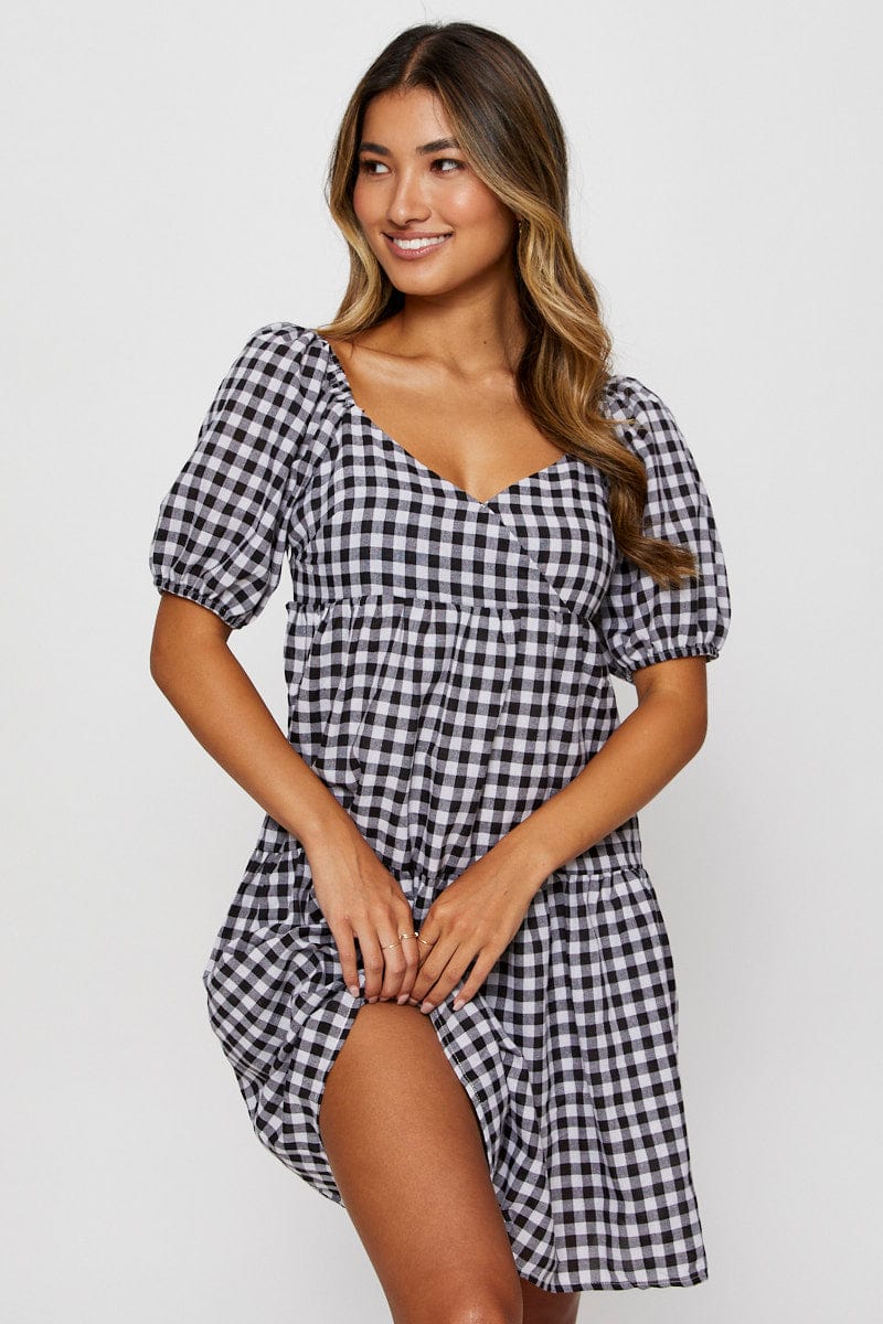 SKATER DRESS Check Fit And Flare Dress Short Sleeve Sweetheart Neck for Women by Ally