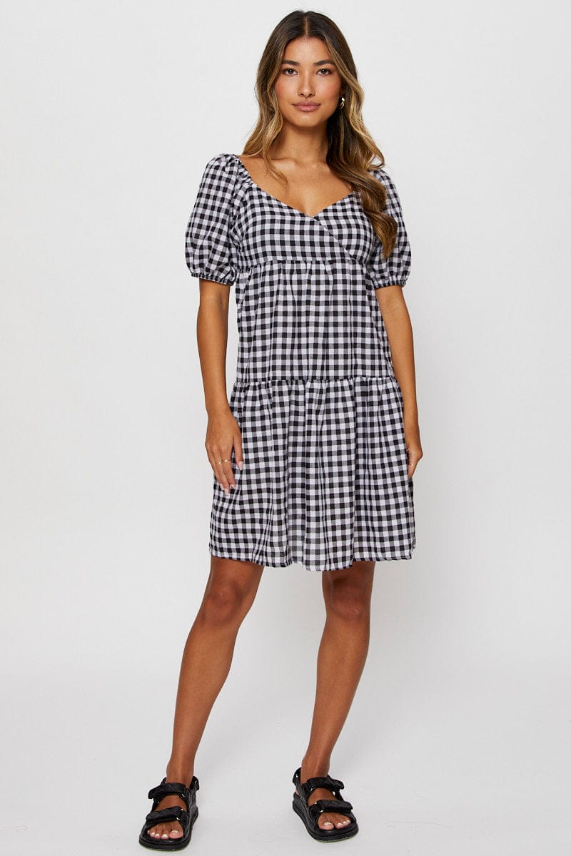 SKATER DRESS Check Fit And Flare Dress Short Sleeve Sweetheart Neck for Women by Ally