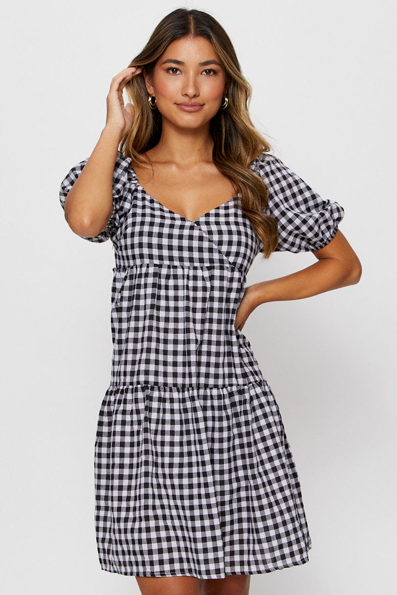SKATER DRESS Check Fit And Flare Dress Short Sleeve Sweetheart Neck for Women by Ally