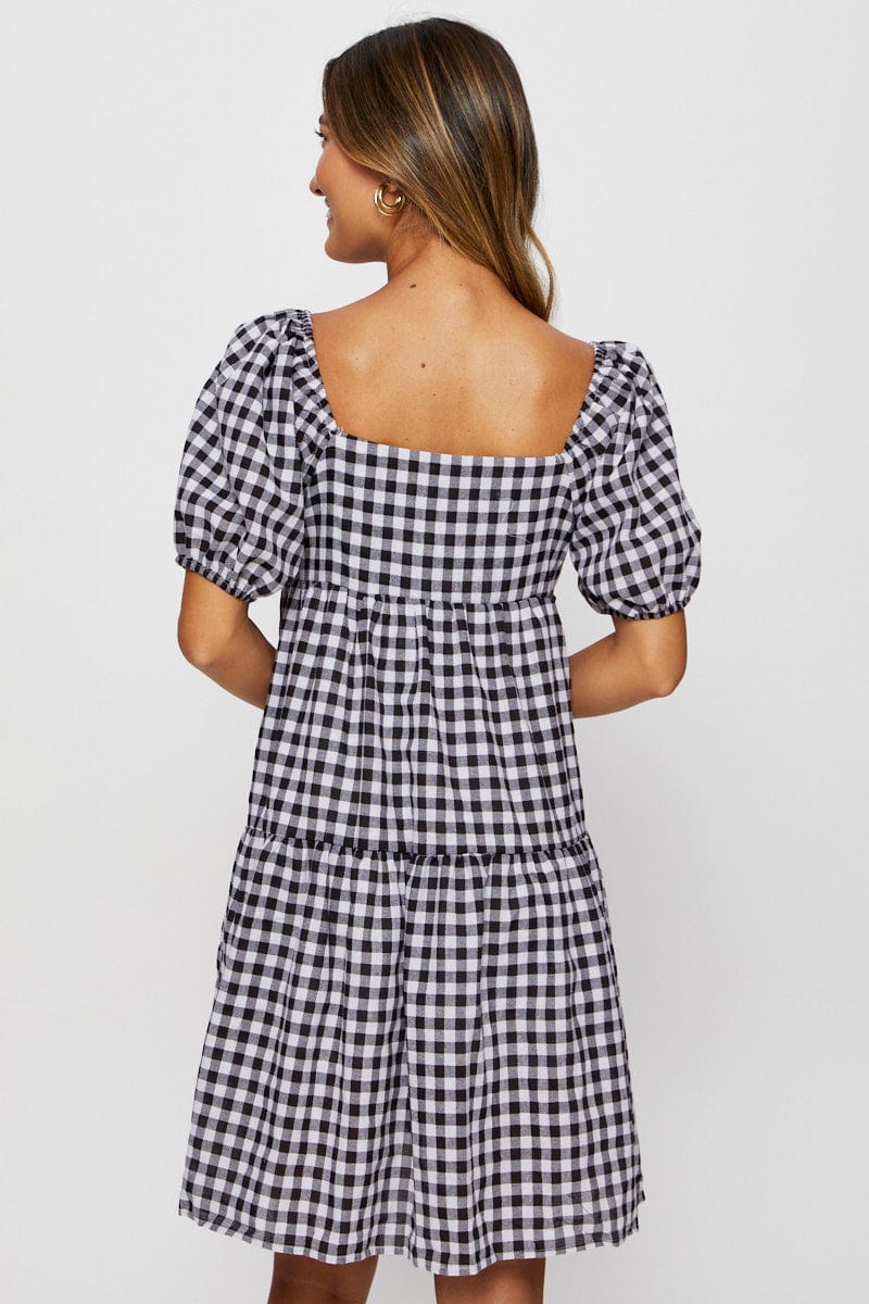 SKATER DRESS Check Fit And Flare Dress Short Sleeve Sweetheart Neck for Women by Ally
