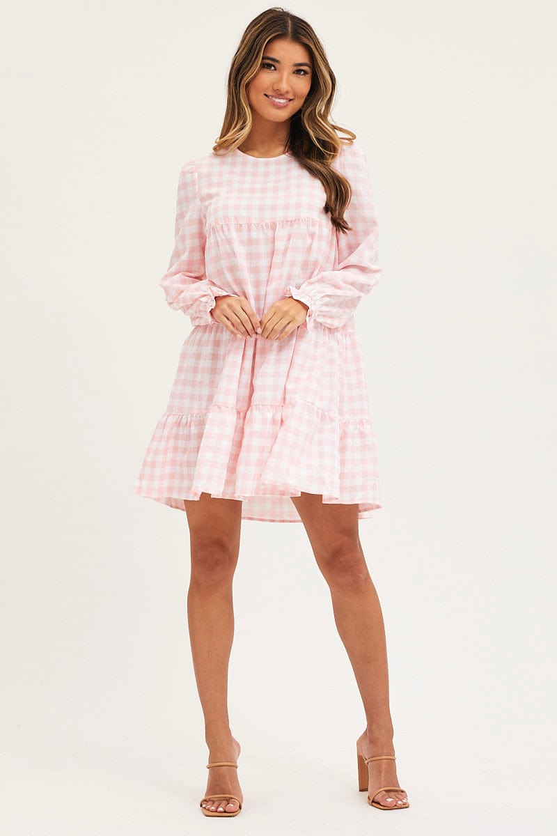 SKATER DRESS Check Mini Dress Long Sleeve Round Neck for Women by Ally