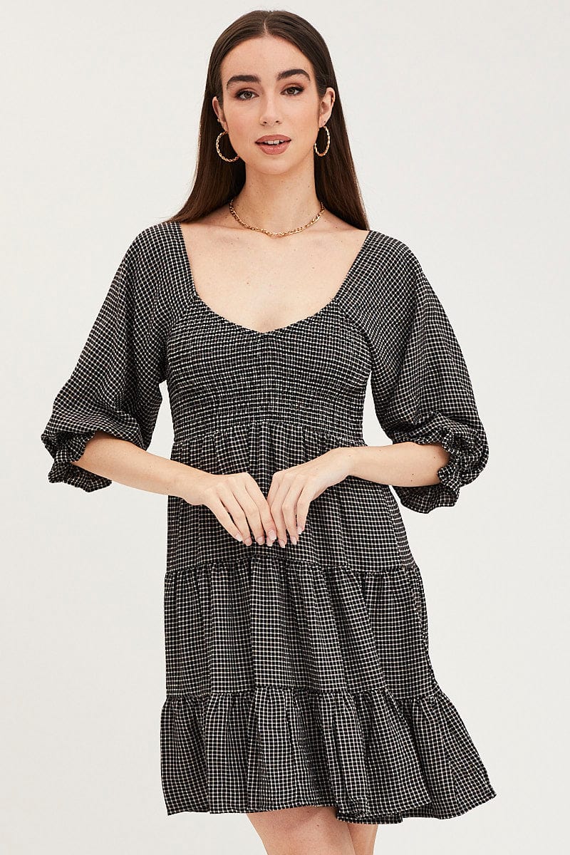 SKATER DRESS Check Mini Dress Short Sleeve for Women by Ally