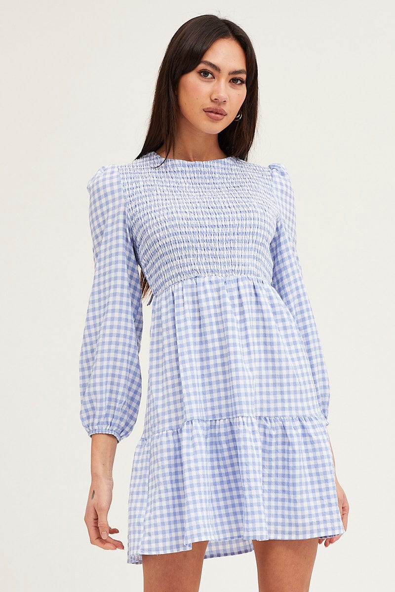 SKATER DRESS Check Shirred Bust Mini Dress for Women by Ally