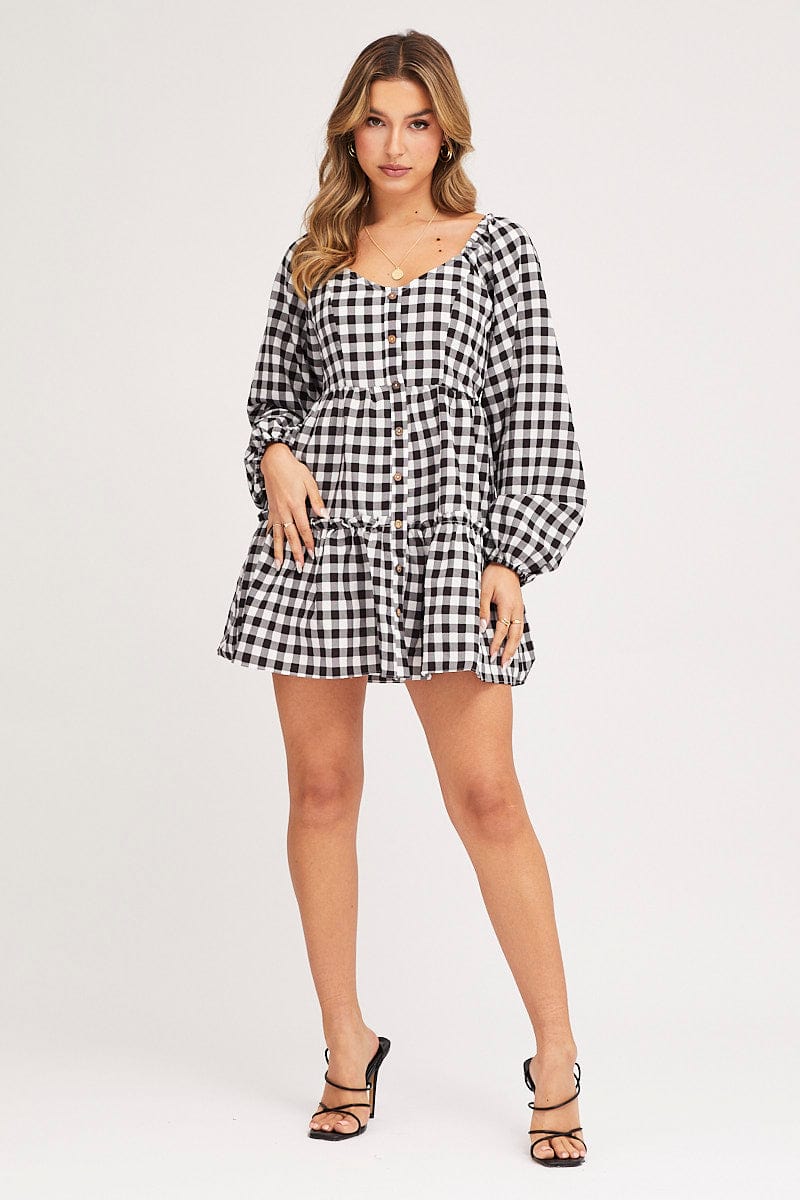 Women’s Check Skater Dress Long Sleeve Mini | Ally Fashion