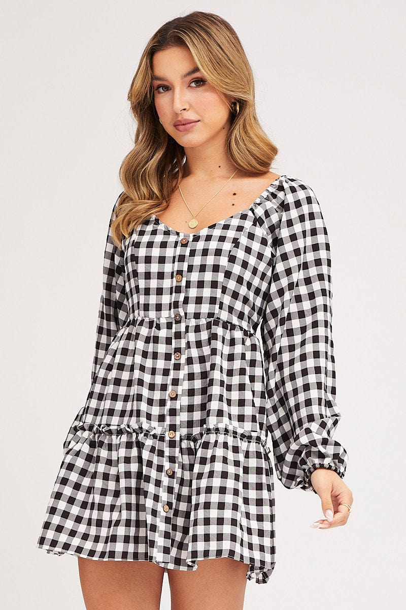 SKATER DRESS Check Skater Dress Long Sleeve Mini for Women by Ally