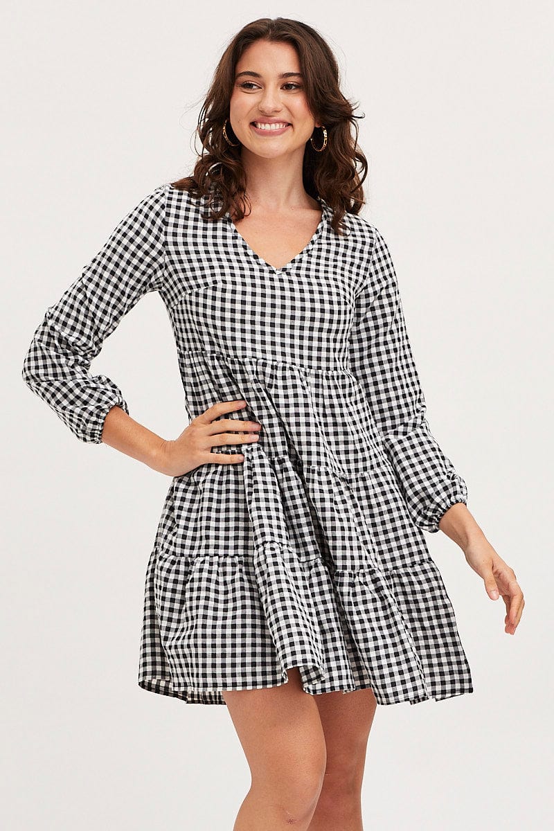 SKATER DRESS Check Skater Dress Long Sleeve Mini for Women by Ally