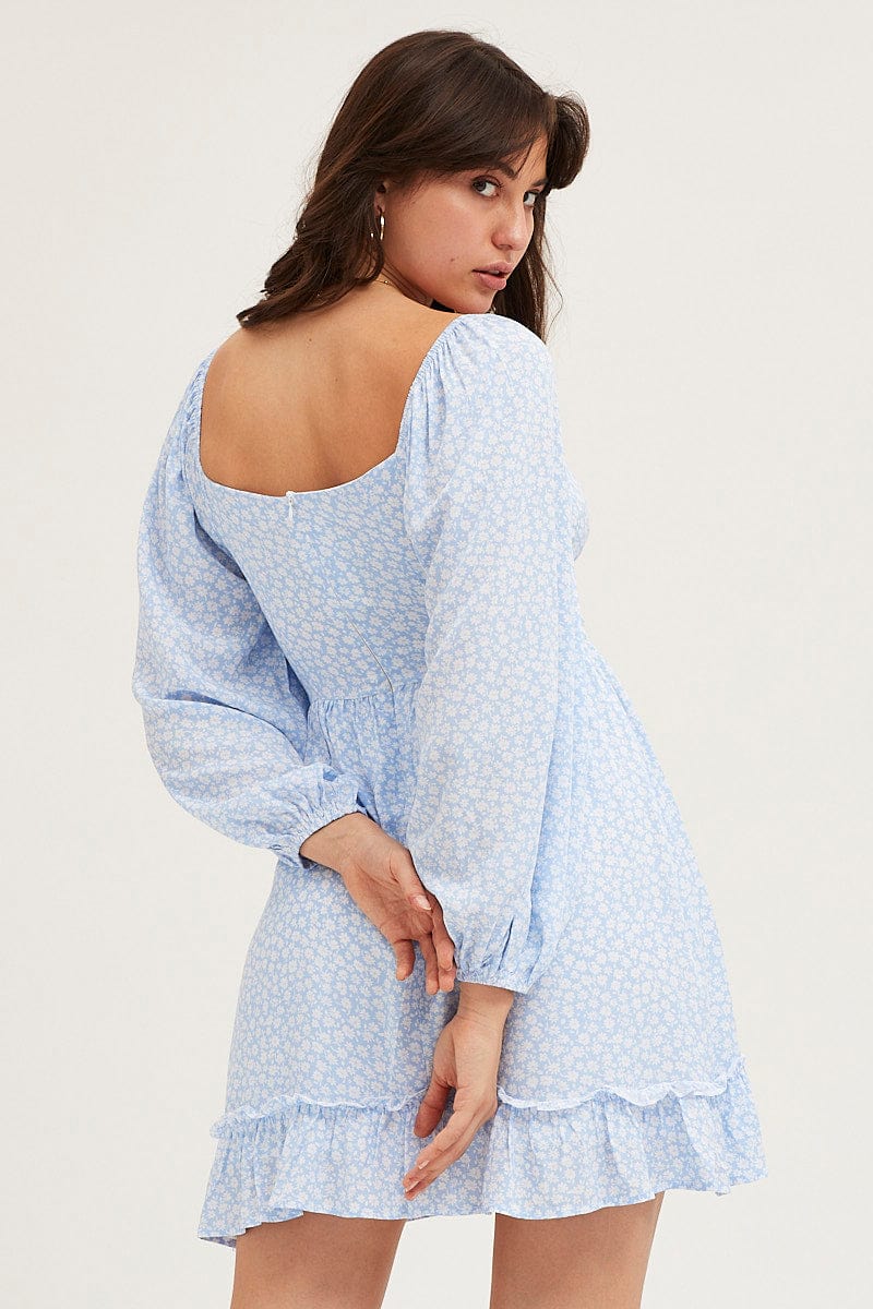 Women's Daisy Print Long Sleeve A-Line Mini Dress | Ally Fashion Women's Daisy Print Long Sleeve A-Line Mini Dress | Ally Fashion