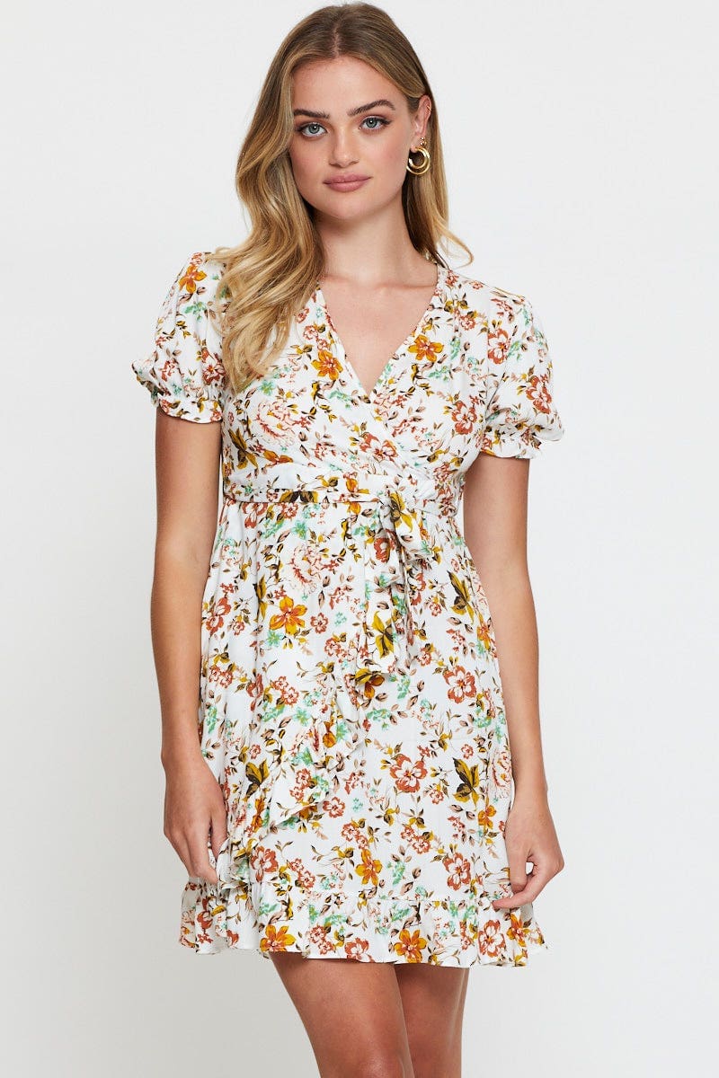 SKATER DRESS Floral Print Mini Dress Short Sleeve Fit And Flare for Women by Ally