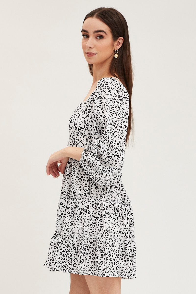 SKATER DRESS Geo Print Fit And Flare Dress Long Sleeve Square Neck for Women by Ally