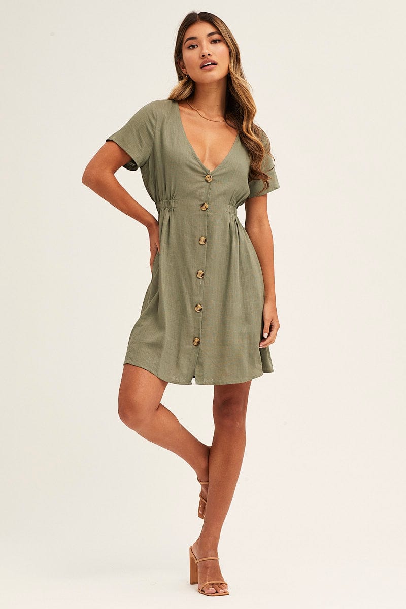 SKATER DRESS Green A Line Dress Button Front V Neck Short Sleeve for Women by Ally