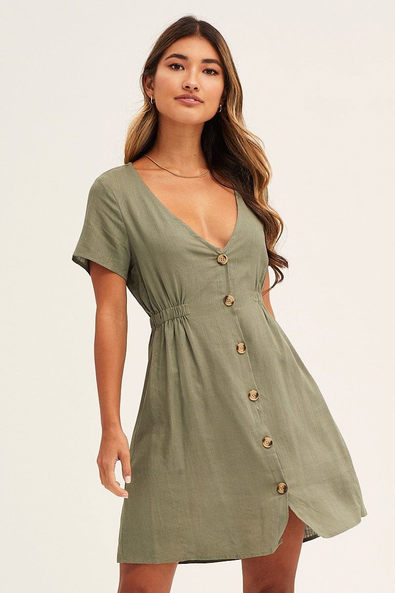 SKATER DRESS Green A Line Dress Button Front V Neck Short Sleeve for Women by Ally