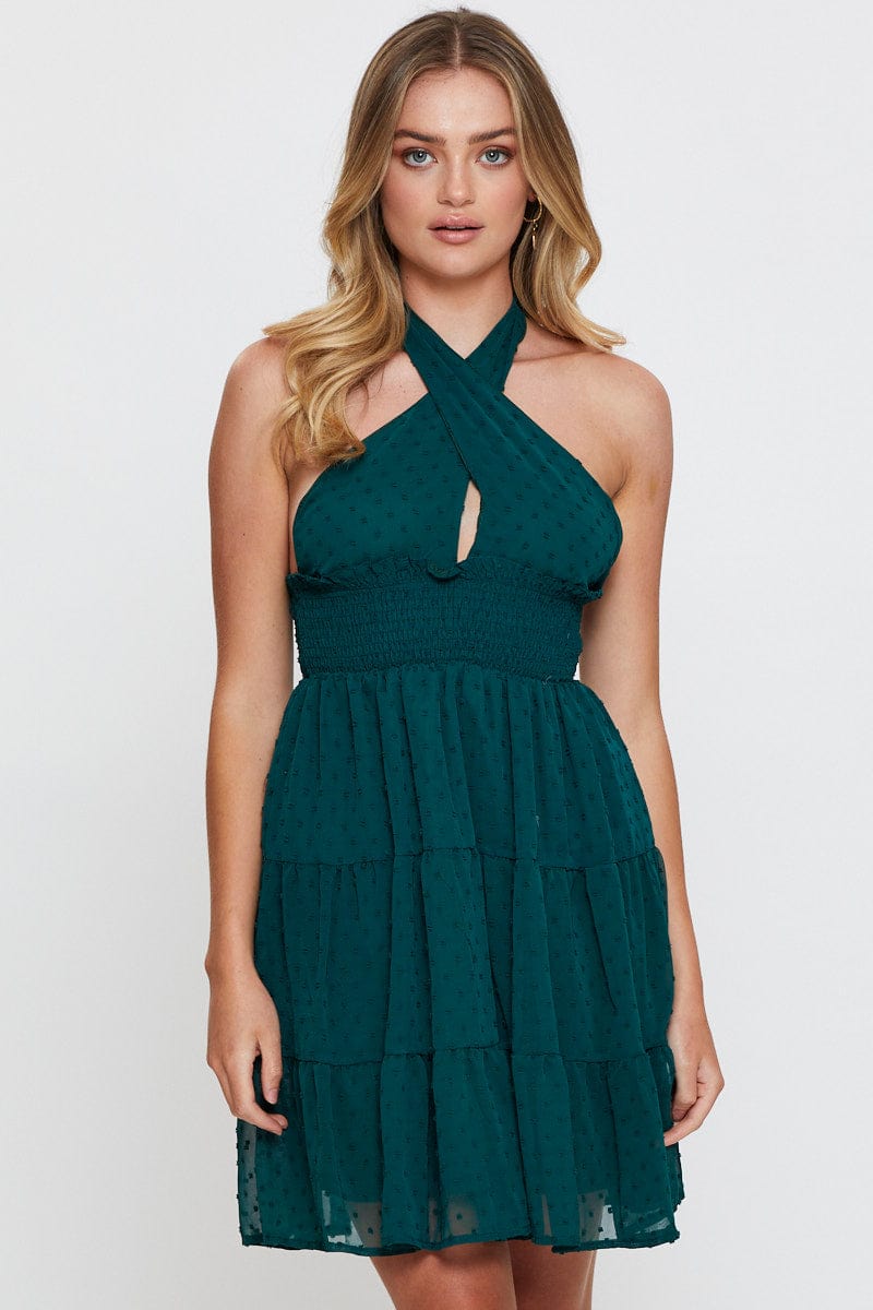 SKATER DRESS Green Fit And Flare Dress Sleeveless Halter Neck for Women by Ally