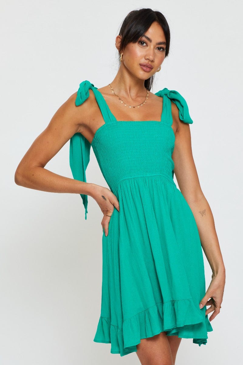 SKATER DRESS Green Fit And Flare Dress Sleeveless Tie Shoulder for Women by Ally