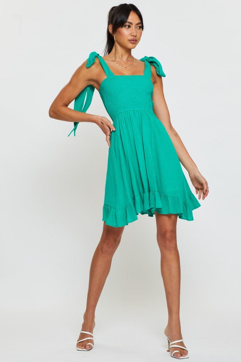 SKATER DRESS Green Fit And Flare Dress Sleeveless Tie Shoulder for Women by Ally