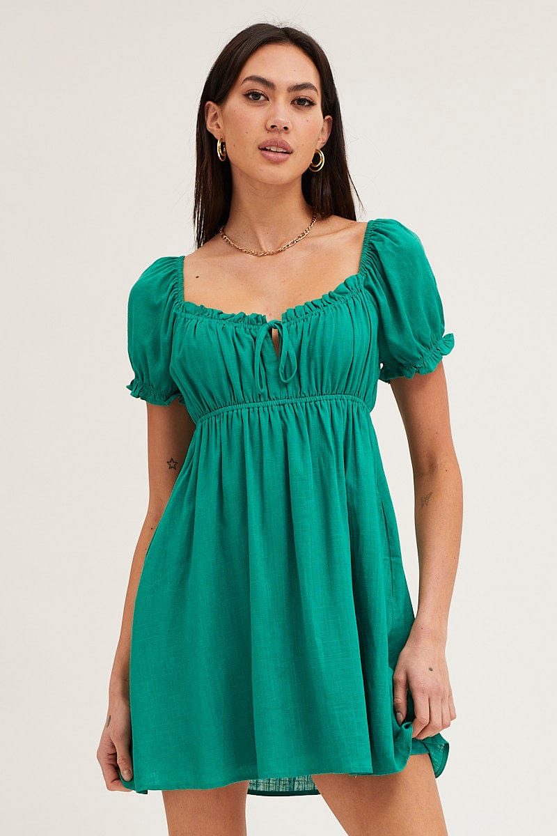 SKATER DRESS Green Gathered Bust Puff Sleeve Skater Dress for Women by Ally