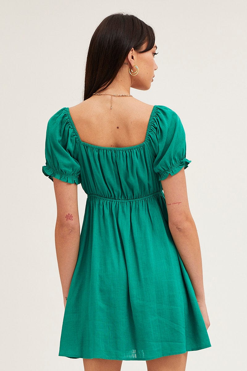 SKATER DRESS Green Gathered Bust Puff Sleeve Skater Dress for Women by Ally