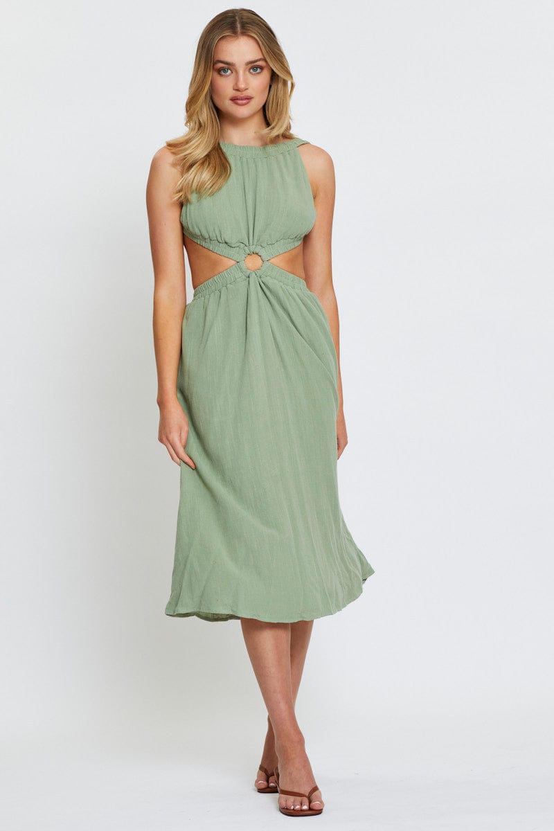 SKATER DRESS Green Midi Dress Sleeveless for Women by Ally