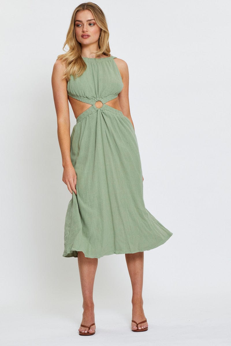 SKATER DRESS Green Midi Dress Sleeveless for Women by Ally