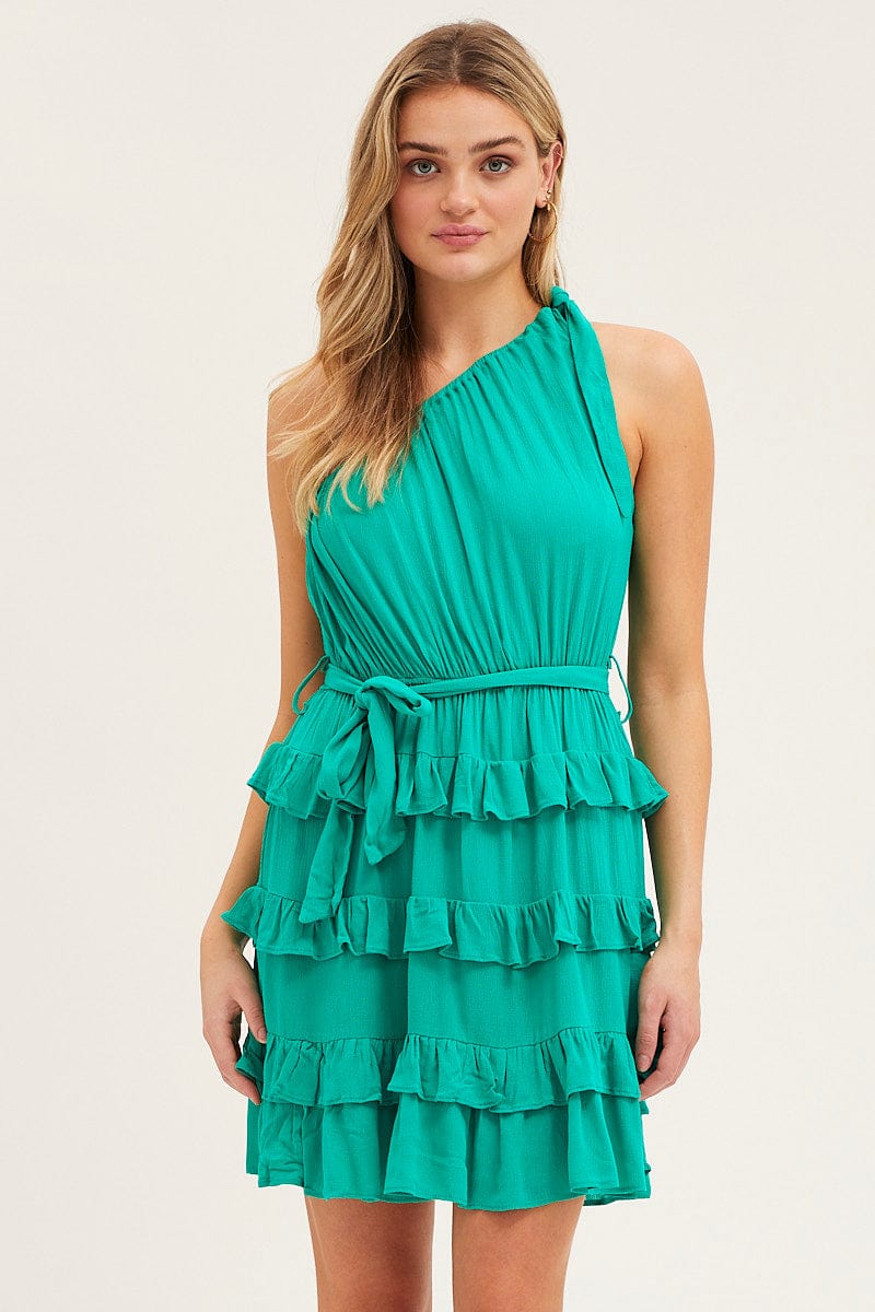 SKATER DRESS Green Mini Dress One Shoulder Sleeveless for Women by Ally