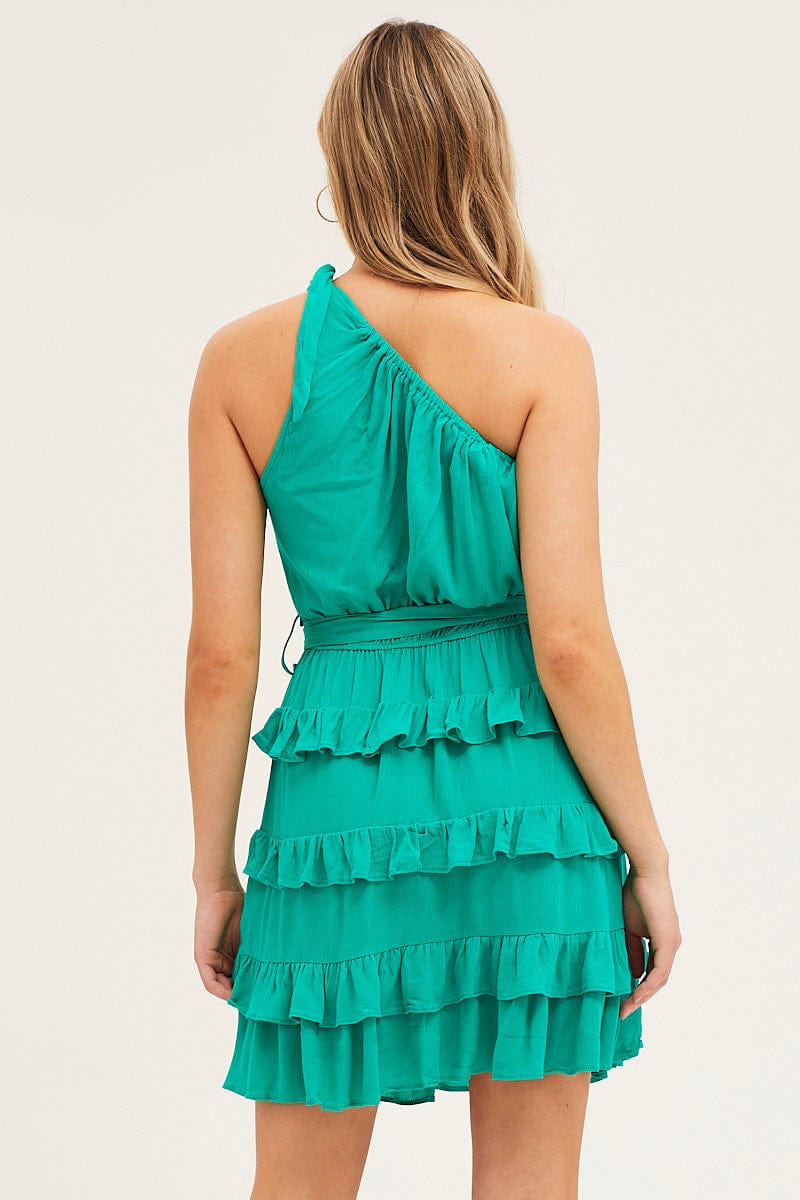 SKATER DRESS Green Mini Dress One Shoulder Sleeveless for Women by Ally