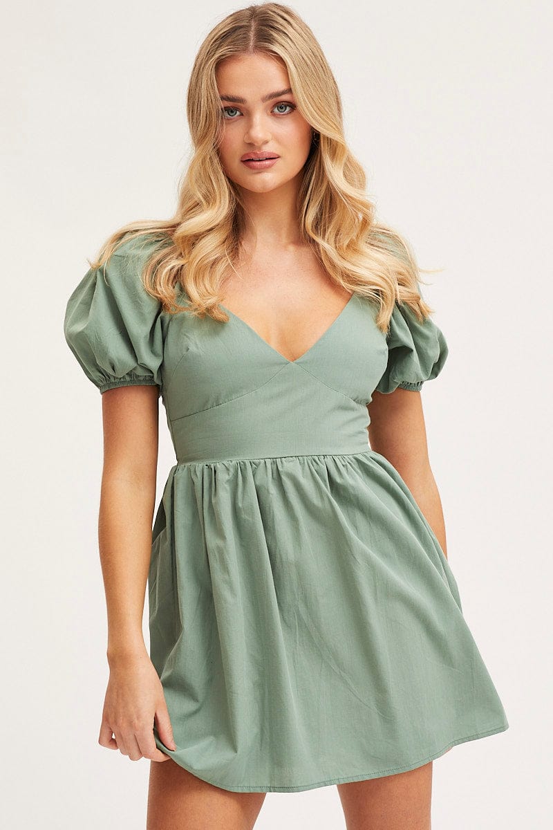 SKATER DRESS Green Mini Dress Short Sleeve for Women by Ally