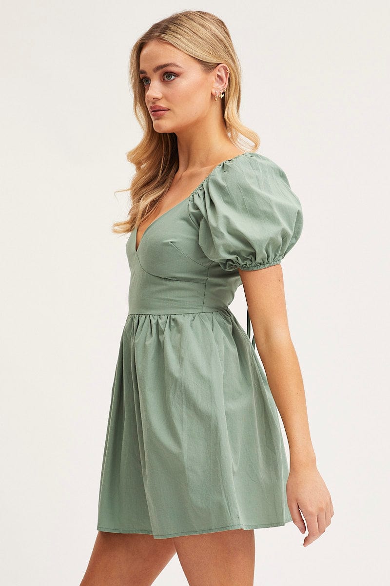 SKATER DRESS Green Mini Dress Short Sleeve for Women by Ally