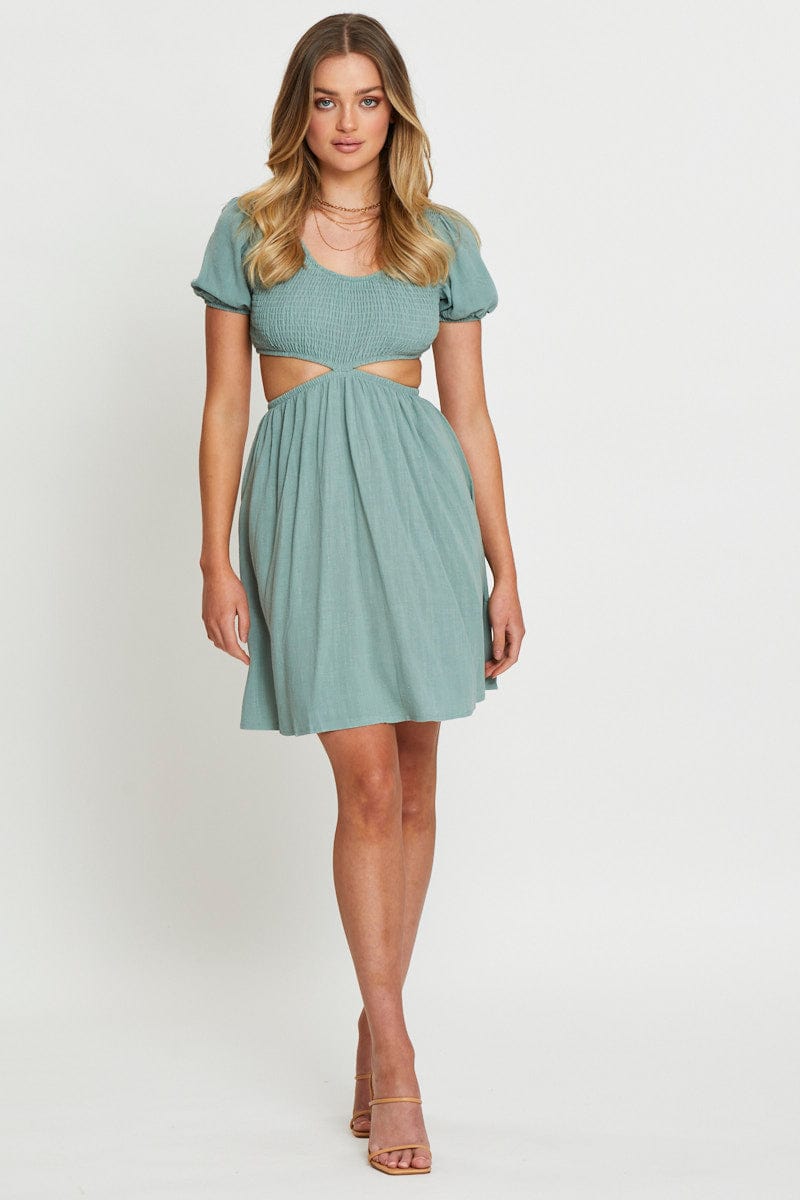 SKATER DRESS Green Mini Dress Short Sleeve for Women by Ally