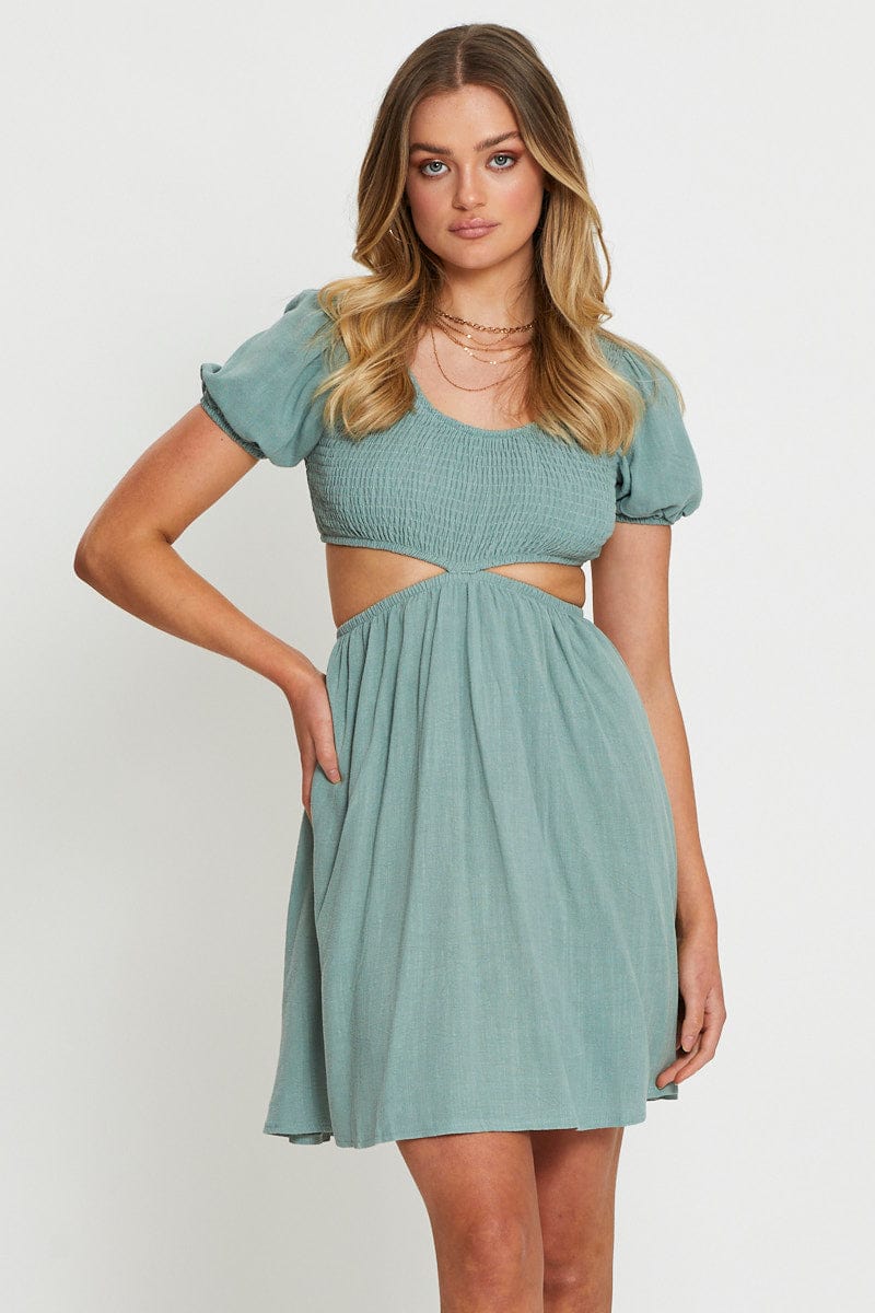 SKATER DRESS Green Mini Dress Short Sleeve for Women by Ally