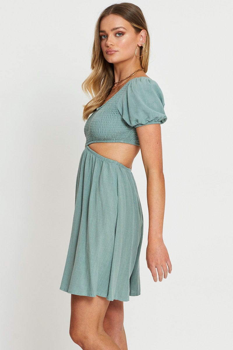 SKATER DRESS Green Mini Dress Short Sleeve for Women by Ally