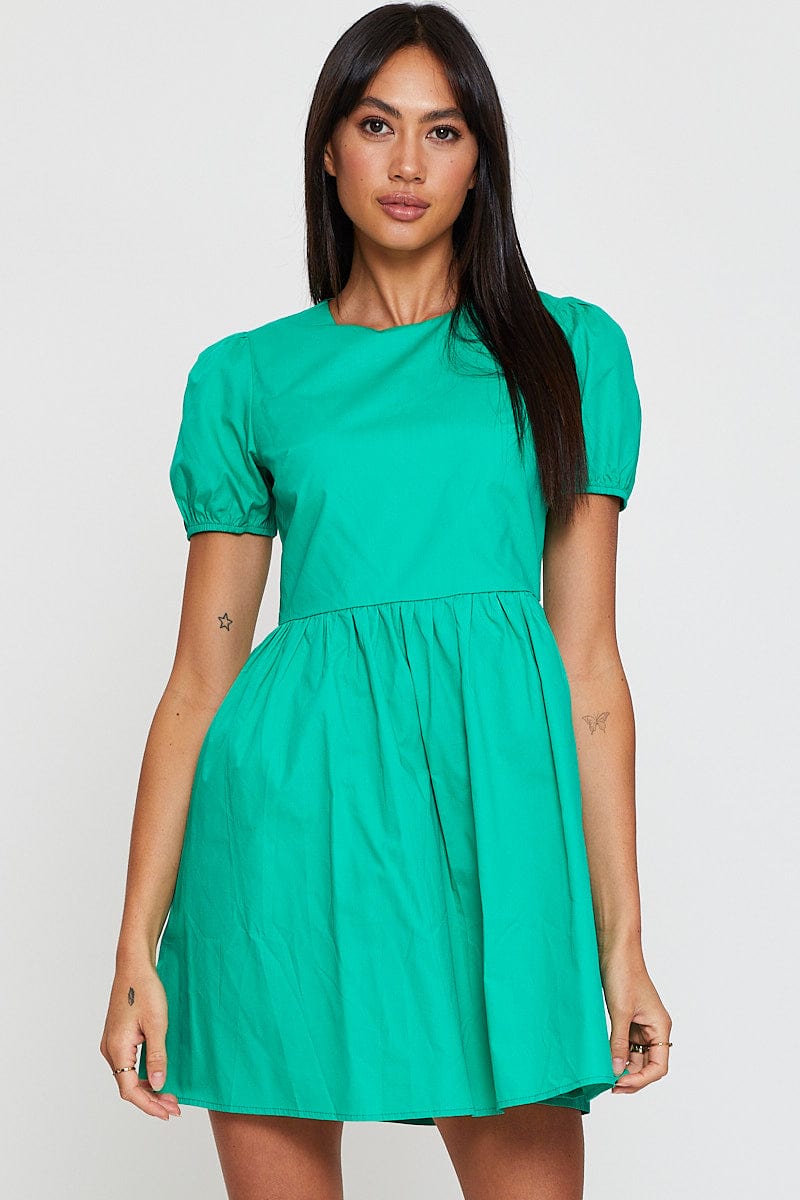 SKATER DRESS Green Mini Dress Short Sleeve Round Neck for Women by Ally