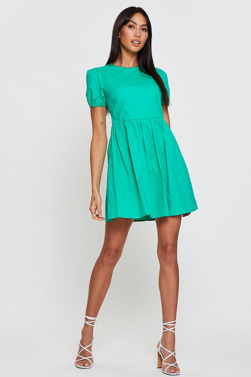 SKATER DRESS Green Mini Dress Short Sleeve Round Neck for Women by Ally