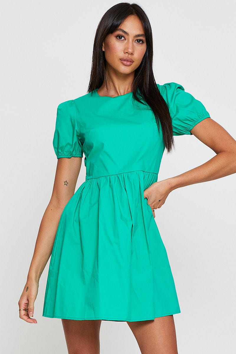 SKATER DRESS Green Mini Dress Short Sleeve Round Neck for Women by Ally