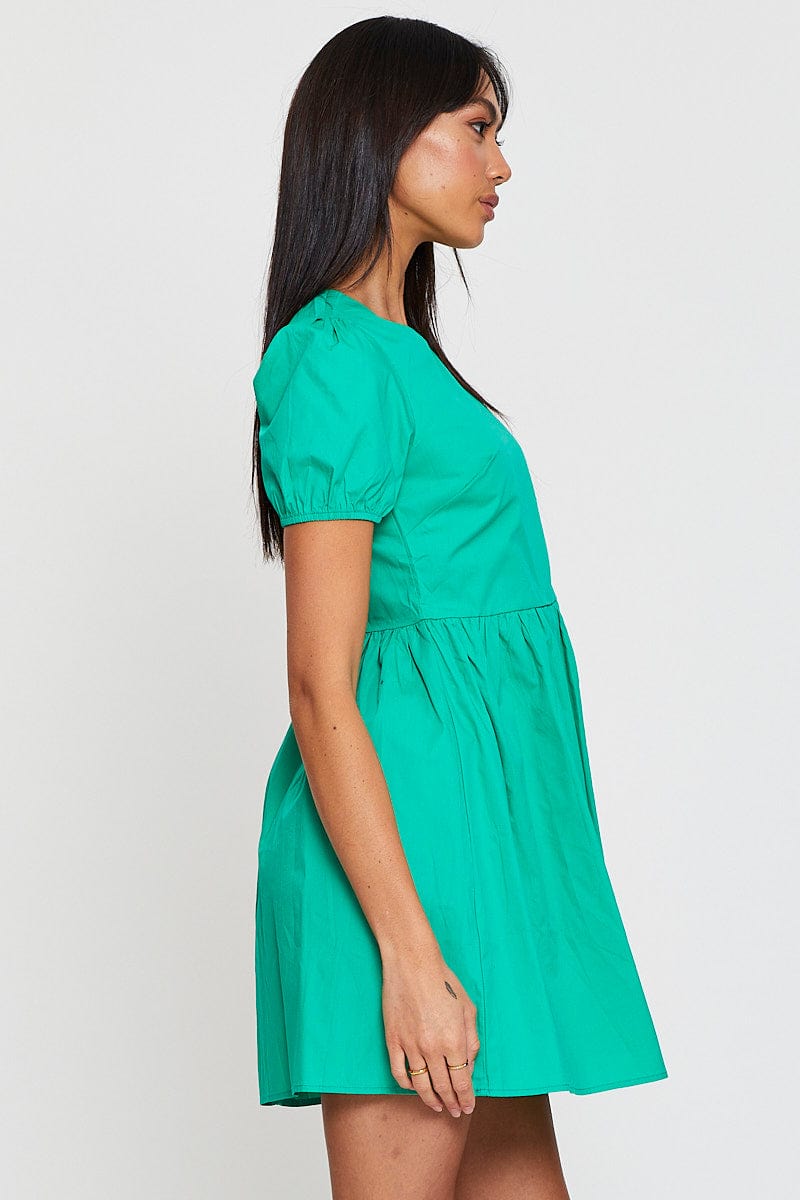 SKATER DRESS Green Mini Dress Short Sleeve Round Neck for Women by Ally