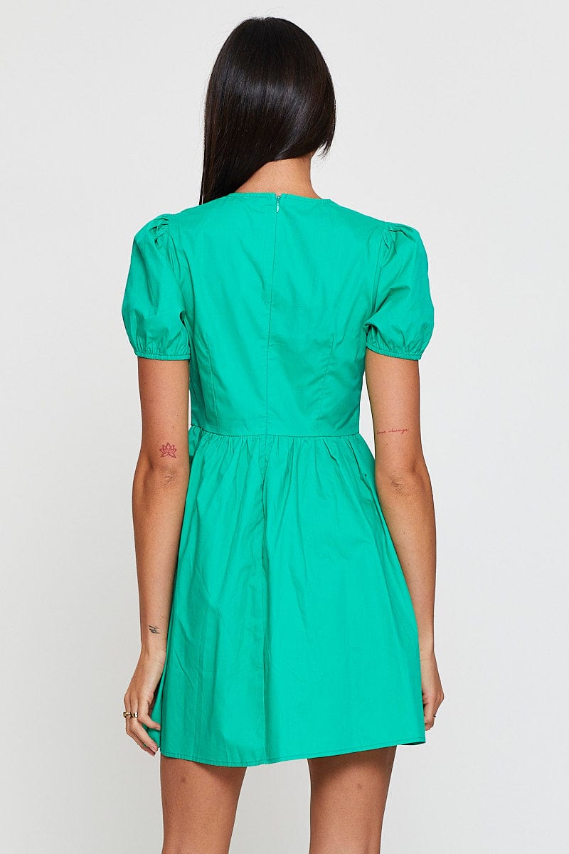 SKATER DRESS Green Mini Dress Short Sleeve Round Neck for Women by Ally