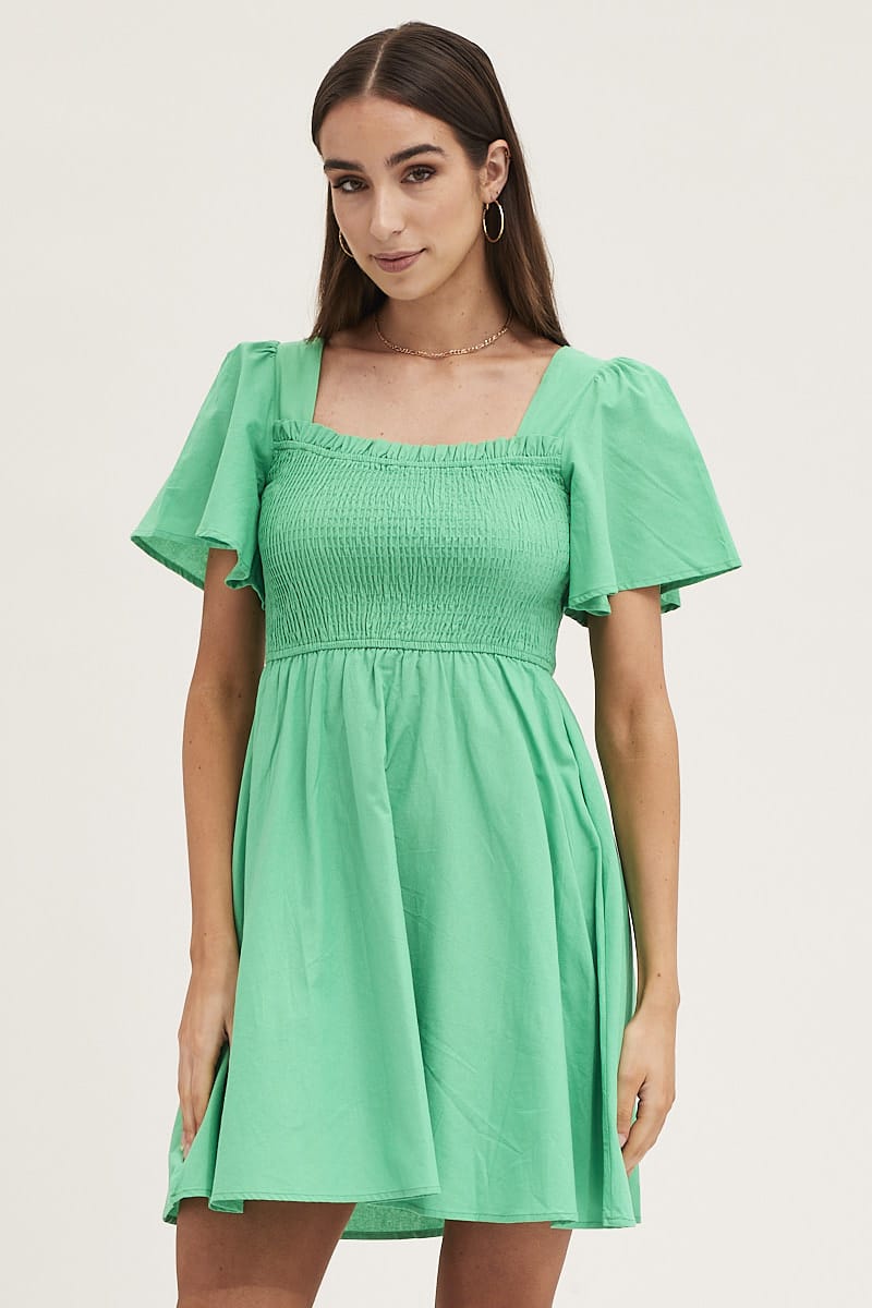 SKATER DRESS Green Mini Dress Square Neck for Women by Ally